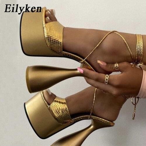 Eilyken Summer Ankle Strap Sandals Women Fashion Golden Platform Gladiator Lace-up Strange High Heels Ladies Party Pumps Shoes
