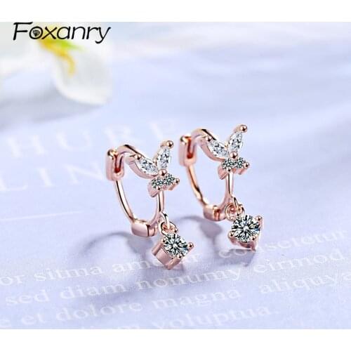 Foxanry Prevent Allergy 925 Sterling Silver Butterfly Earrings Charm Women Jewelry Creative Crystal Earring Wedding Accessories