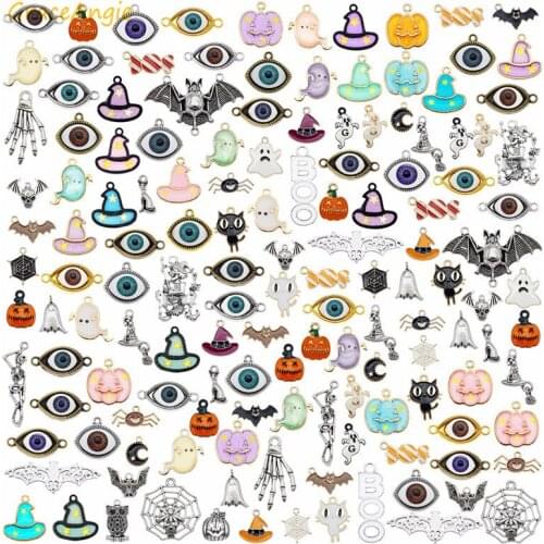 GraceAngie Mix 20Pcs halloween charms for bracelet Eyeball Enamel Pumpkin ghost hat Charms Pendant necklace earring keychain DIY