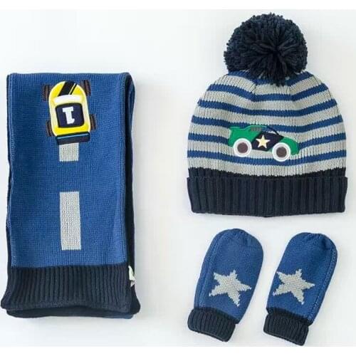 Car Embroidery Cotton Toddler Hat +Scarf +Gloves Set Crochet Baby Beanies Kids Fall Winter Cap Handmade Windproof Earmuff Cap