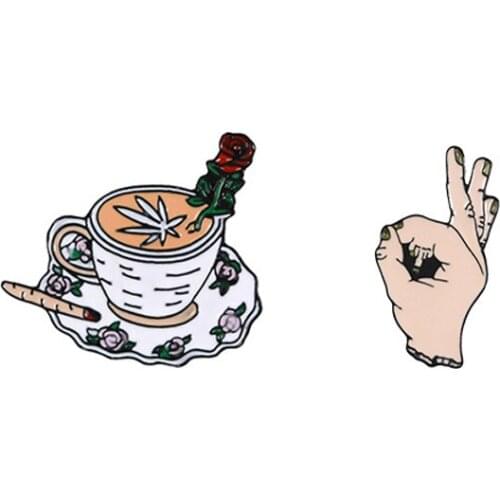 Personality Rose Coffee Cup Cigarette and OK Gesture Alloy Collar Pin Brooch Jewelry Gift