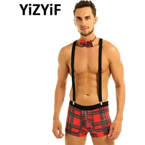 Men Boxers Sexy Underwear Set Plaid Bulge Pouch Boxer Breifs Underwear With Y Back Elastic Strong Clip Suspenders And Bowtie Set
