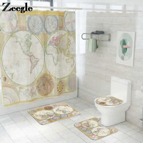World Map Printed Bath Mat and Shower Curtain Set Flannel Bathroom Carpet Anti Slip Foot Mat Microfiber Bath Rug Toilet Carpet