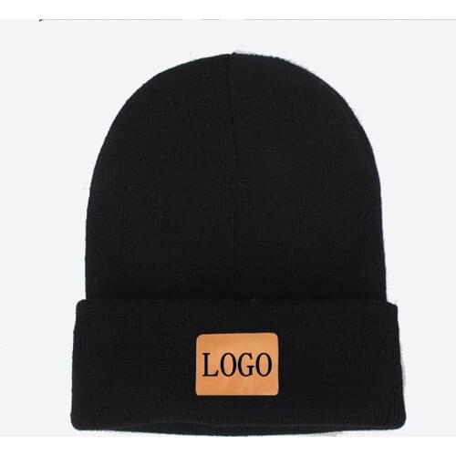 Print Leather Logo Beanie Hats Custom Label Beanie Slouchy Ribbed Knit Skull Cap Soft Warm Winter Hat