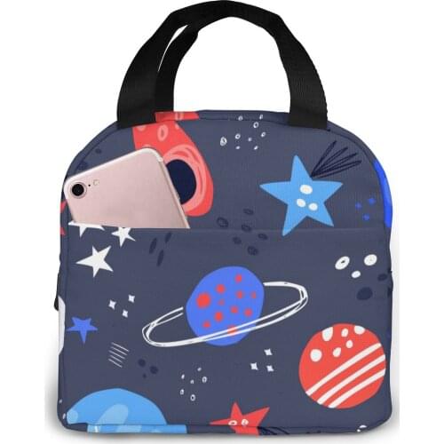 Space Hand Drawn Cartoon Planets Stars UFO Print Cooler Lunch Box Portable Insulated Lunch Bag Thermal Food Picnic Lunch Bags