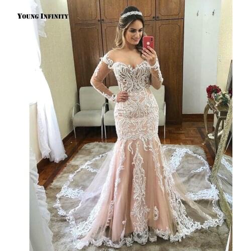 Hot Sale Wedding Dresses 2021 Long Sleeves Bridal Gown Button Back Off The Shoulder Chapel Train Champagane Applique Plus Size