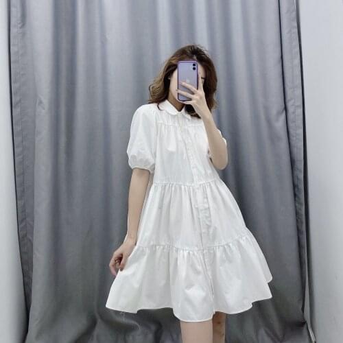 Sweet A-line Ruffle miniskirt womens 2021 summer wide swing short sleeve solid dress womens Lapel breasted cotton dress front