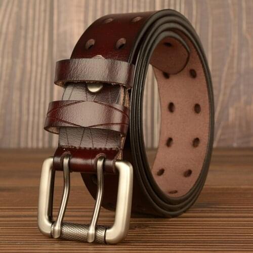 Fashion new double pin buckle mens belt real cowhide luxury design personality belt mens casual jeans belt 2021