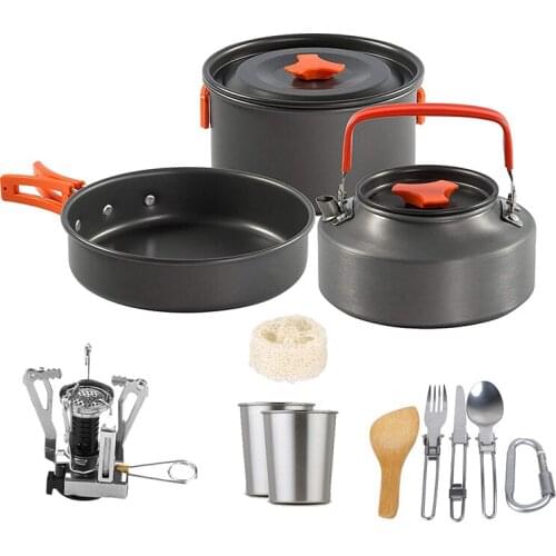 Outdoor Camping Pot Set Camping Cookware Hiking Picnic Teapot Pot Set Camping Cup Portable Cooking Equipment Gas Stove Pot Pan