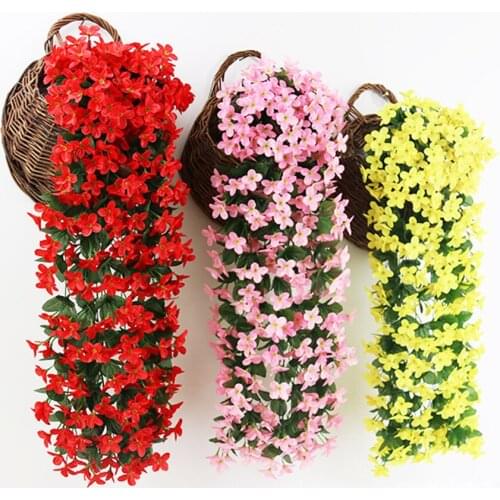 Hanging Wall Artificial Silk Violet orchid Flower Rattan Plant Basket Outdoor Rattan Plant Basket Fake Flowers for Home Decor