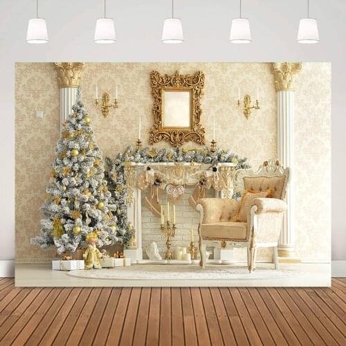 X-mas Photography Background Winter Living Room Christmas Trees Backdrop Palace Chair Photo Fireplace Socks Kids Portrait Shoot