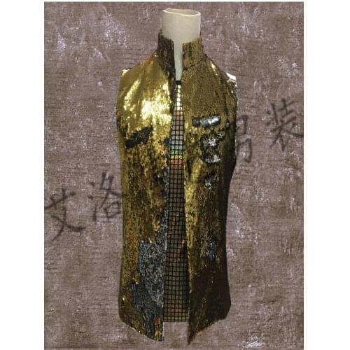 S-3xl Tide Cool Men Fashion Ds Singer Stage Costumes Dance Paillette Shiny Gold Black Sequin Vest Jacket Personality Waistcoats