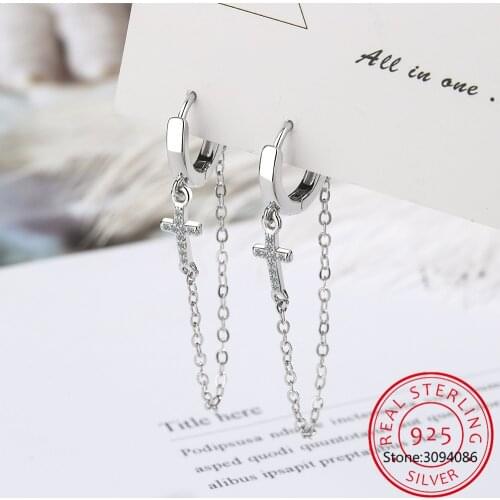 Silver Classic Cross earrings 925 Sterling Silver Shine CZ Long Chain Hoop Earrings for Women Party Jewelry SCE1002
