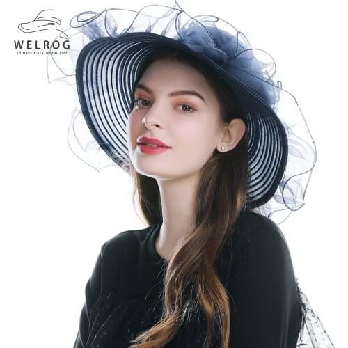 WELROG Vintage Lady Fedoras Oraganza Floral Solid Lace Caps Wide Brim Kentucky Derby Hat Women Wedding Tea Party Church Cap
