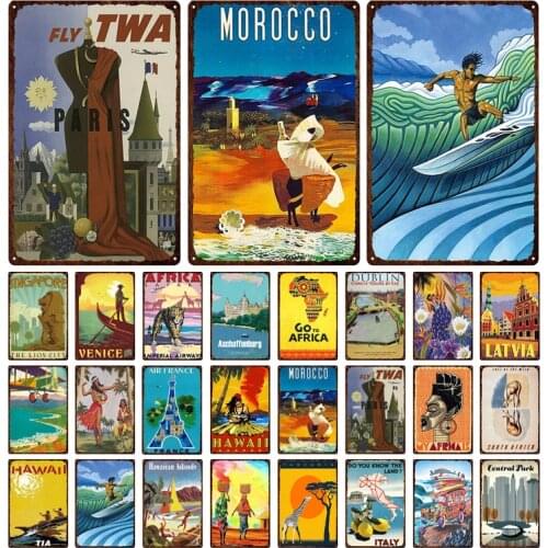 Vintage Hot Sale Morocco Hawaii Africa Sunset Scenery Metal Sign Retro Abstract Anti-Fading Wall Decor Iron Painting Tin Plate