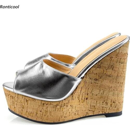 Ronticool New Fashion Women Handmade Mules Sandals Sexy Wedges High Heel Open Toe Gorgeous Gold Silver Party Shoes US Size 5-20