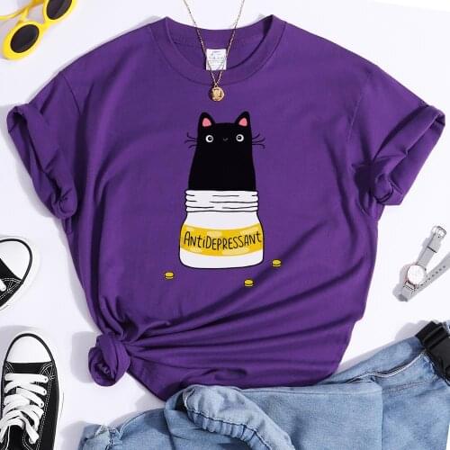 Cartoon Black Cat Womens Tees Shirts Fashion Style Womenswear Korean Tshirt Short Sleeved Tops Summer Spring Vogue Women T Shirt
