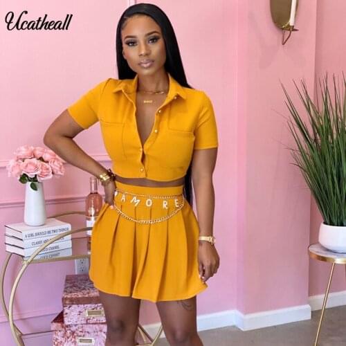 Pleated Two Piece Set Short Sleeve Button Jacket Tops Mini Skirt Suit 2 Pieces Set Women Elegant Matching Sets Party Outfits
