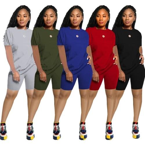 Womens casual T-shirt suit summer solid color slim short-sleeved top shorts suit streetwear womens two-piece sportswear suit