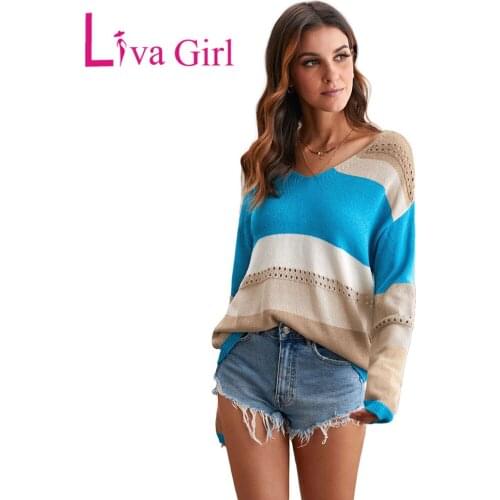 LIVA GIRL Green/Gray Woman V Neck Colorblock Knitted Sweater with Hollow-out 2021 Autumn Winter Loose Long Sleeve Pullovers XXL