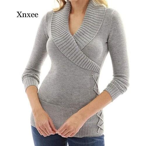 Warm Sweater Autumn Winter Womens Knitted Pullover Casual Long Sleeve Wrap V-Neck Loose Sweaters Solid Jumper Tee Clothing