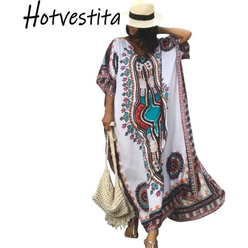 Hotvestita Kaftan Beach Short Sleeve Summer Maxi Dress Cotton V-Neck Print Tunic Women Sarong Beach Wrap Bathing Suit Cover Ups
