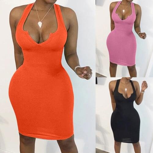 Women Sexy Bodycon Dress Sleeveless Deep V Neck Solid Color Tight Dresses Party Cocktail Mini Dress Fashion Vest Robe Vestidos