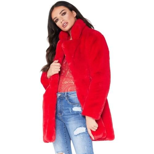 Women Loose Fluffy Red Faux Fur Coat Girls Thick Warm Furry Jacket Long Sleeve Fashion Windbreaker Winter Overcoat Streetwear