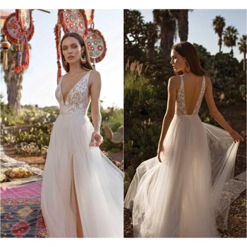 2020 Boho Wedding Dresses High Split Lace Applique Beads A Line Bohemian Wedding Dress Deep V Neck Backless Robes De Mariée