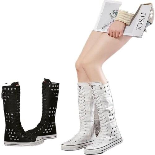 2021 Korean version flat-bottomed high-top dancing with hollow vent couple canvas shoes womens casual plus size white shoes