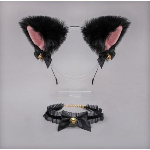 Halloween Maid Lolita Accessories Fox Cat Ears Headband Lace Bow Bell Collar Set Cosplay Costume Cute Animal Ear Headwear