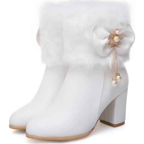 Big Size High-heeled Shoes, Womans Rough-heeled, Furry-coated and Warm Rabbit Fur Martin Boots