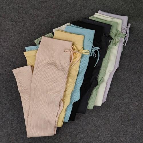 Women Hips Push Up Yoga Pants Seamless Gym Leggings Candy Color Summer Sports Pants With Drawstring High Waist Bubble Butt Pants