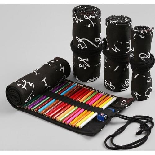 Cute Canvas Roll School Pencil Case 12/24/36/48/72 Holes Pencilcase for Girls Boys Girls Pen Bag Box Stationery Pouch Supplies