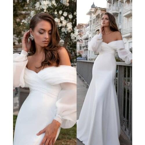 Elegant Long Sleeve Off Shoulder Wedding Dresses Mermaid Stretchy Crepe Corset Back Robes De Mariée Bridal Gown For Women
