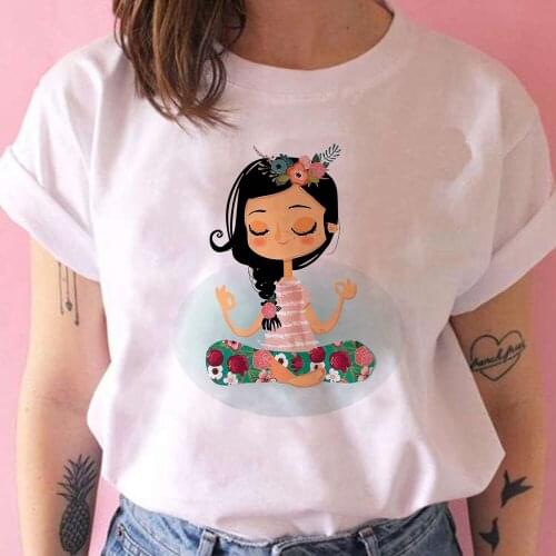 Meditation Style T Shirt Black Hair Girl Creative Illustration Short Sleeve Feminino Autumn Gorgeous Vetement Clothes