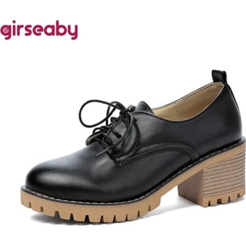 Girseaby 2021 Retro Ladies Pumps Platforms Lace Up College Style Round Toe 5CM Chunky Heel Shoes Size 33-43 Black Beige A4396