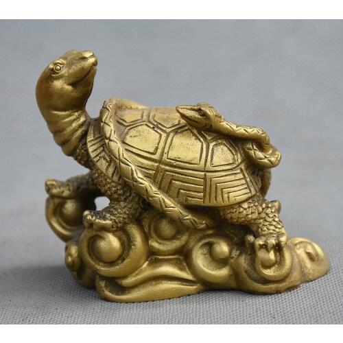 Chinese Feng shui Pure Brass Tortoise Turtle Snake Evil XuanWu Beast God Statue