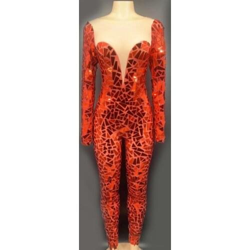 Red Stones Sparkly Jumpsuit Fashion Spandex Stretch Shining Dance Costume One-piece Bodysuit Nightclub Outfit Party Leggings