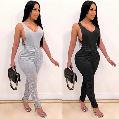 Adogirl Fashion Women Solid Pleated Jumpsuit Romper Sleeveless Open Back V Neck Sport Bodysuit Female One Piece Ruched Playsuit
