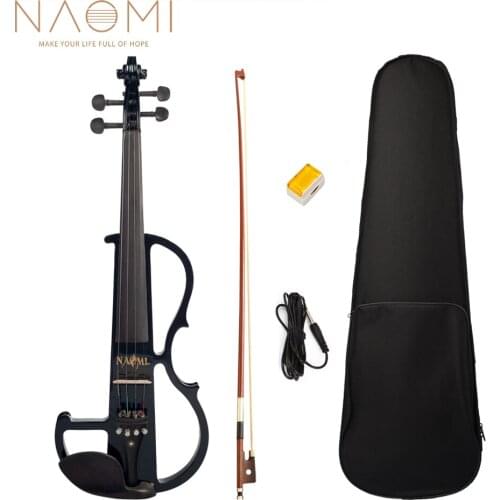 NAOMI 4/4 Full Size Black Electric Violin/ Fiddle Set w/ Brazilwood Bow+ Canvas Case+ Audio Cable+ Rosin+Headphone