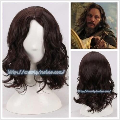 New Halloween Party Cosplay Sir Anduin Lothar Costume Wig Cosplay Jesus Dark Brown Wavy Wig Synthetic Hair Wig for Men + Wig Cap