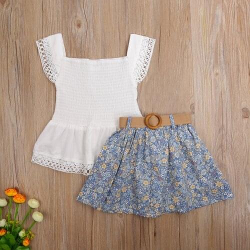 2-7Y Holiday Girls Clothes Sets 2pcs Lace Sleeve Pullover T Shirts Tops Flowers A-Line Skirts