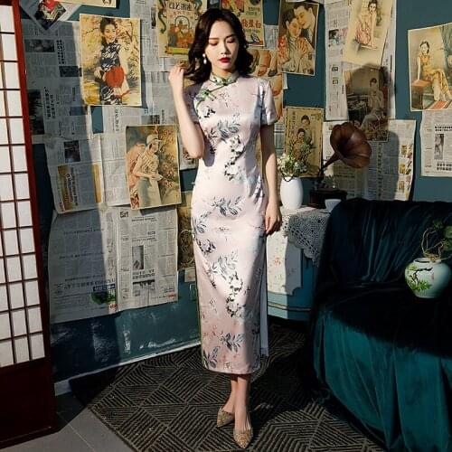 Sexy Women Short Sleeve Flower Printed Cheongsam Novelty Vintage Chinese Mandarin Collar Qipao Evening Party Dress Vestidos