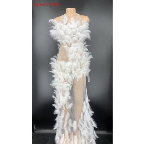 Sexy rhinestone perspective white mesh long feather dress women wedding evening dress birthday stage singer