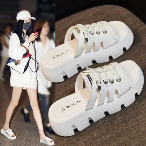 New Fashion Women Summer Slippers Vulcanized Shoes Open Toe Outdoor Thick Sole Slides Female Outside Causal Sandals Shoelace Hot