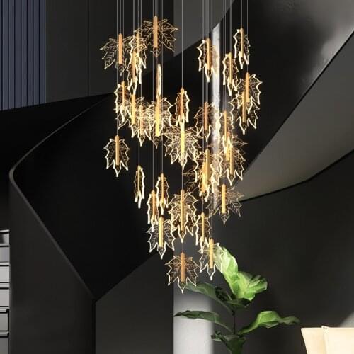 LED staircase chandelier modern simple Nordic decorative lamps restaurant art duplex building empty hall maple leaf chandelier