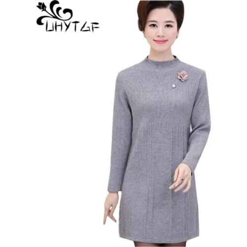 UHYTGF Sweater womens mid-length knit autumn winter sweater dress female pullover Casual loose warm mini wool sweaters dress 617