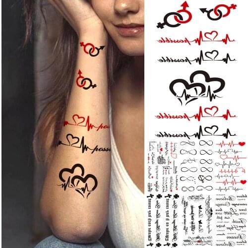 Heartbeat Character Temporary Small Tattoos For Girls Boys Couple Unique Text Waterproof Tattoo Stickers Body Art Fake Tatoos