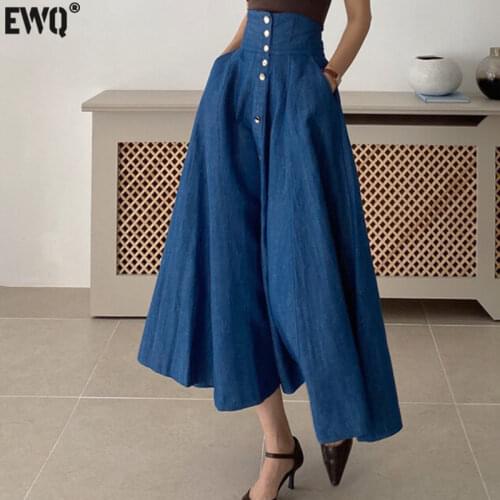 [EWQ] Blue Casual Denim High Waist Single Breasted Long Half-body Skirt Women New summer 2021 all-match denim bottom clothing